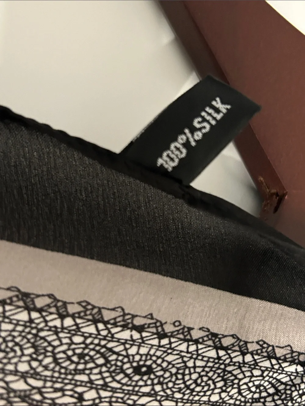 Neutral colors silk Scarf with geometric faux Lace and Leopard Trim 34” X 78”